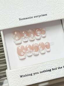 10片手工方形亚克力按压式美甲，短款优雅粉色假指甲，白色法式美甲，手绘3D雕刻花朵浮雕，镶嵌珍珠，简约优雅手工秋季按压式美甲，现代风格，百搭DIY美甲，适合派对、日常、约会、海滩、热带度假等场合，可重复使用，送给女性和女孩的礼物，美甲用品，手工按压式美甲 - 粉色 - 查看 2