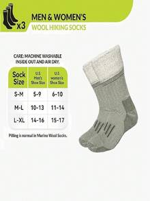 3 Pairs Merino Wool Hiking Socks, Crew Neck Winter Boot Socks, Unisex