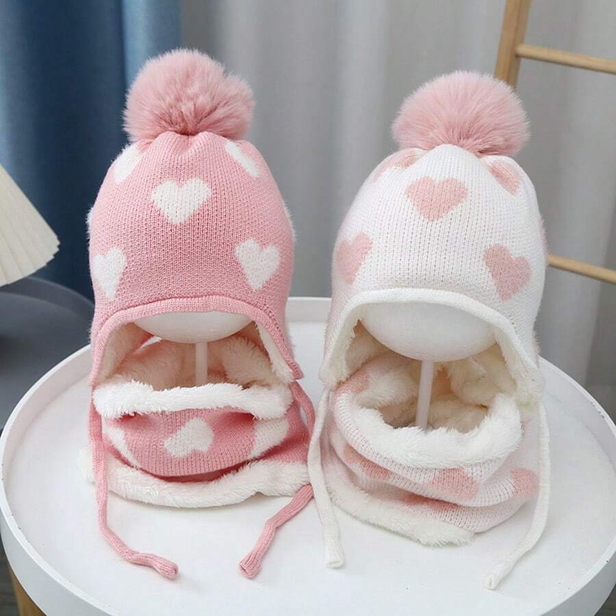 2 件套儿童无檐小便帽和围巾套装,心形耳罩针织加厚保暖服装,适合女婴,秋冬 - 愛心護耳帽 - 查看 1