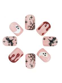 24 piezas de uñas cortas prensadas, manchas de sangre roja y telarañas negras de Halloween, murciélagos, fantasmas, diseños de puntos, uñas acrílicas prensadas, juego de arte de uñas. Adecuado para que las mujeres/niñas sean extravagantes, para fiestas, reuniones, uso diario, juegos de roles y otras ocasiones. Mejora tu estilo.