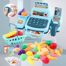 Tecforood 1 Mini Simulated Cash Register Toy With Light Blue As The Main Color And Printed With Cute Patterns Such As Fruits. It Has A Cute Supermarket Style, High-Quality Plastic Material, And Restores The Shape Of A Real Cash Register (Including Rich Details Such As Calculator And Card Reader), The Basic Model Has No Sound Function