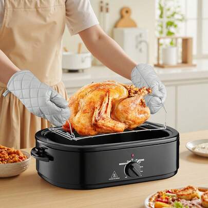Roaster Oven, 18QT Fast-Cooking Turkey Roaster, 150-450℉ Adjustable Temperature Turkey Oven With Self-Basting Lid, Removable Pan And Rack, Defrost & Warm Function, Electric Roasting Pan For Home