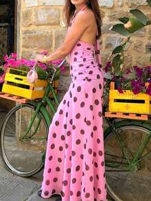 Women Chiffon Polka Dot Printing Halter Elegant Sleeveless Backless Skinny Pleated Beach Evening Party Maxi Dress - Hồng - Xem 7