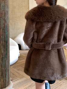 女士纯色长袖仿毛领系腰圣诞外套休闲冬季 - 咖啡棕 - 查看 9