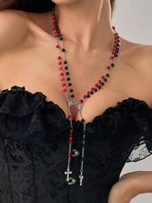 1pc Gothic Style Personalized Cross Beaded Necklace, Suitable For Women's Daily Or Party Wear, Halloween Accessory