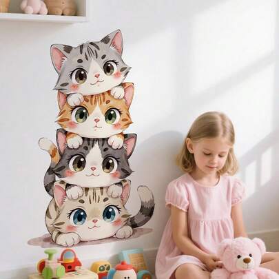 1Pc Cute Cartoon Stacking Cats Wall Stickers For Kids Room | Back To School Animal Nursery Bedroom Decor | Easy Peel & Stick Removable Vinyl Decals | Baby Boy Girl Wall Decoration