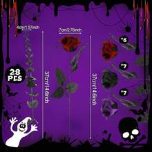 20 Pcs Black, Purple, Red Artificial Roses And 28 Black Eucalyptus Stems Halloween, Silk Flowers With Bendable Stems, Gothic Wedding Bouquet, Haunted House Decor - Blood White - View 8
