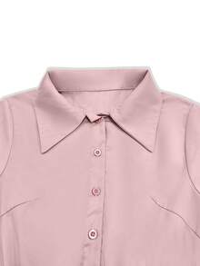 女士纯色长袖翻领腰带口袋优雅连衣裙，适合通勤、办公、度假——优雅派对礼服，女士情人节服装 - 粉色 - 查看 3