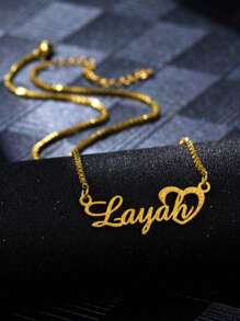 1件定制亮面哑光名字项链，魅力个性化不锈钢心形吊坠项链，适合女性、女孩、情侣、家人、生日、节日、圣诞节礼物，金色，时尚，复古，简约，男女皆宜，休闲