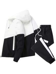 2pcs Set, Men's Hooded Casual Sports Suit - Versatile Jacket Long-Sleeved Top + Sports Pants, Breathable And Comfortable Drawstring Stretch Pants, Machine Washable - Ideal Travel Choice For Spring And Autumn, Outdoor, Blended - Trắng và đen - Xem 1