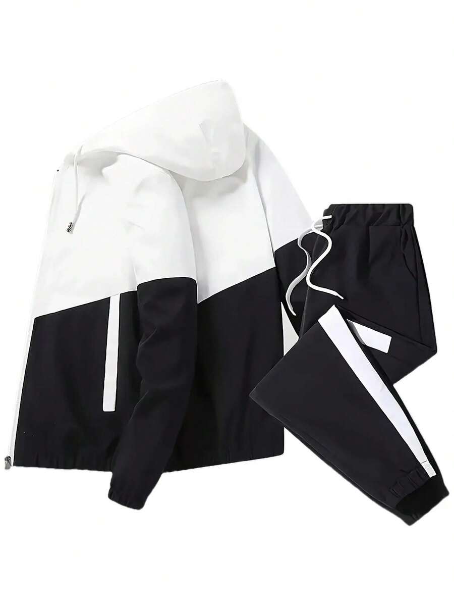 2pcs Set, Men's Hooded Casual Sports Suit - Versatile Jacket Long-Sleeved Top + Sports Pants, Breathable And Comfortable Drawstring Stretch Pants, Machine Washable - Ideal Travel Choice For Spring And Autumn, Outdoor, Blended - Trắng và đen - Xem 1