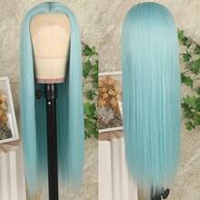 13x4 Free Part Mint Green Long Straight Lace Front Wigs Glueless Long Silky Straight Wigs Pre Plucked HD Lace 180% Density Light Green Wig Soft Free Part Wear And Go Lace Front Wigs For Fashion Women Party & Daily Wear 26 Inch - băng xanh - Xem 6