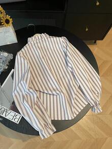 白色条纹荷叶边领长袖纽扣宽松女式衬衫，优雅百搭，适合通勤和外出穿着，春夏款 - 彩色 - 查看 3