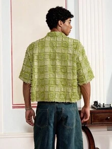 Chemise courte à manches courtes tissée à carreaux pour hommes, idéale pour l'été, élément essentiel du streetwear - Vert - Voir 2