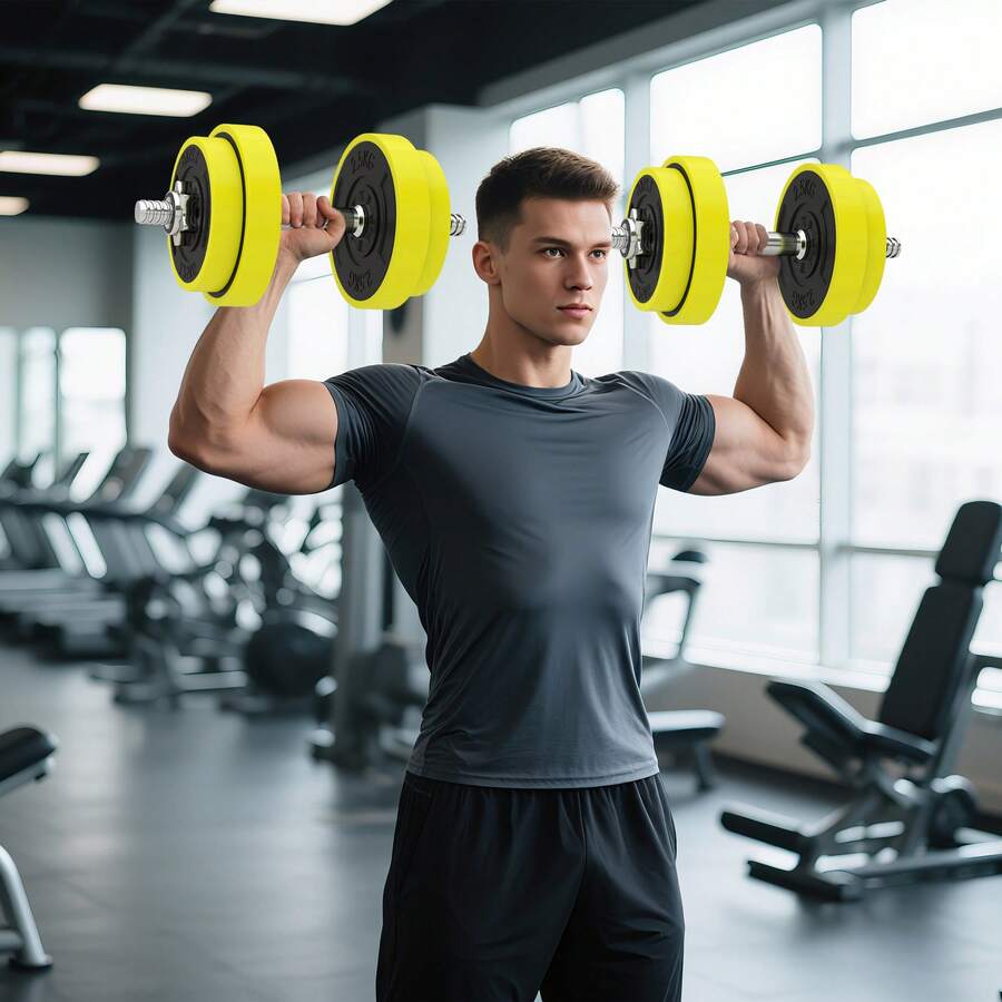 HOMCOM 20KGS 2-In-1 Dumbbell & Barbell Adjustable Set Strength Muscle Exercise Fitness Plate Bar Clamp Rod Home Gym Sports Area, Yellow - Yellow - View 1