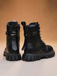 1 双幼儿女童中筒靴，纯色柔软漆皮 PU 皮革，金属扣装饰，内侧金属拉链，前部系带，圆头，厚底，防滑，可爱公主风格皮靴，适合女学生日常、校园、休闲、旅行、节日、秋冬新款 - 黑色 - 查看 2