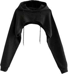 Women Crop Top Pullover Sweatshirt Long Sleeve Drawstring Hoodie - Màu xanh lam - Xem 6