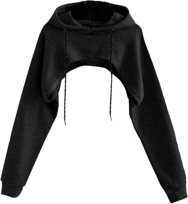 Women Crop Top Pullover Sweatshirt Long Sleeve Drawstring Hoodie - 藏蓝色 - 查看 7