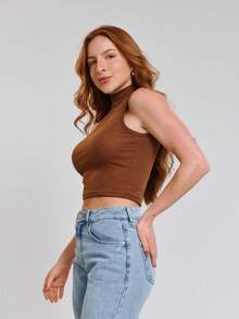 Kit With 3 Cropped High Neck Ribbed Women's Blogger Blouses - Đen/trắng/nâu - Xem 5