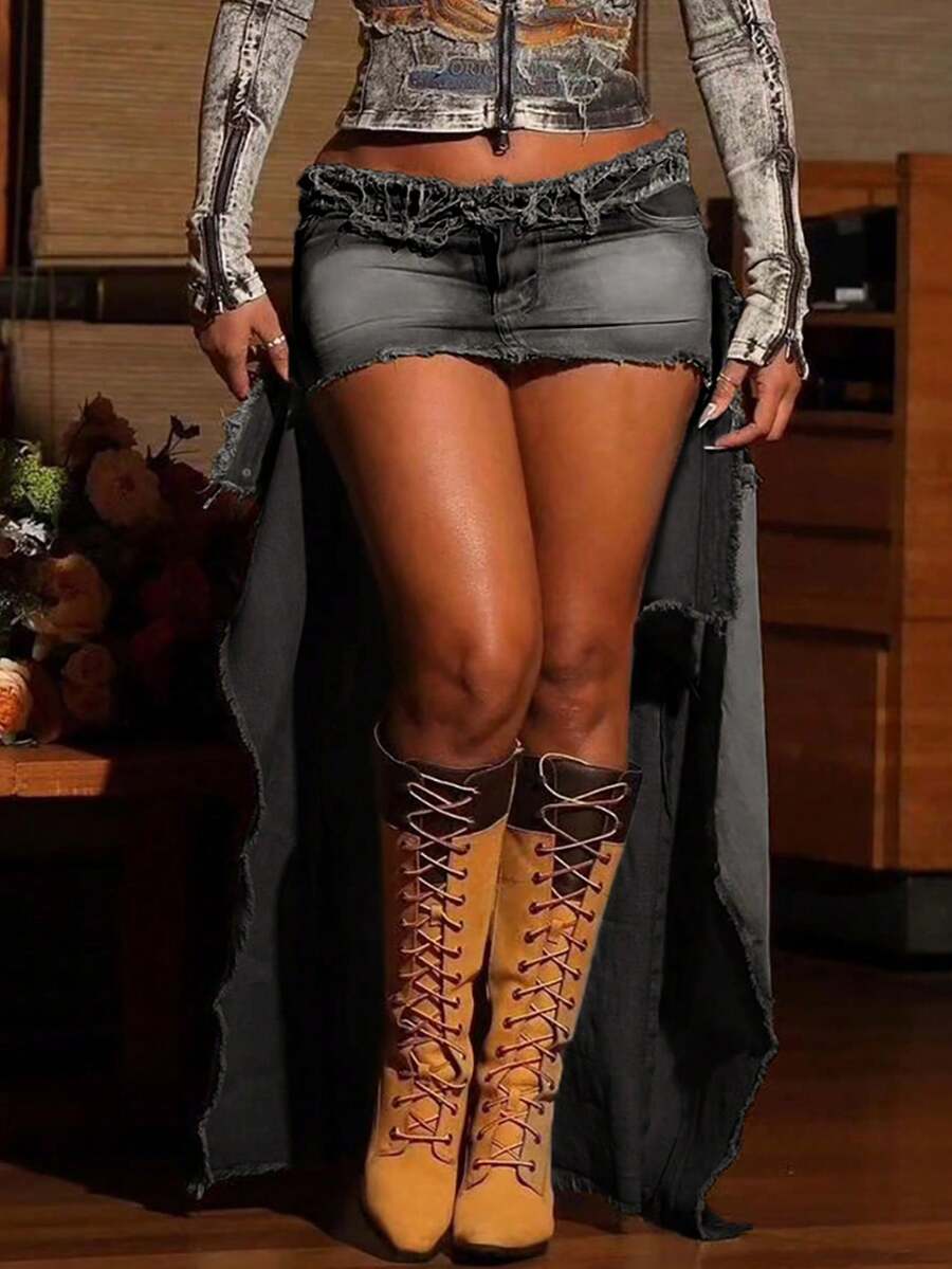 Y2K复古水洗毛边不对称下摆修身牛仔裙，纽扣可转换成牛仔迷你裙，性感音乐节 - 黑灰色 - 查看 1