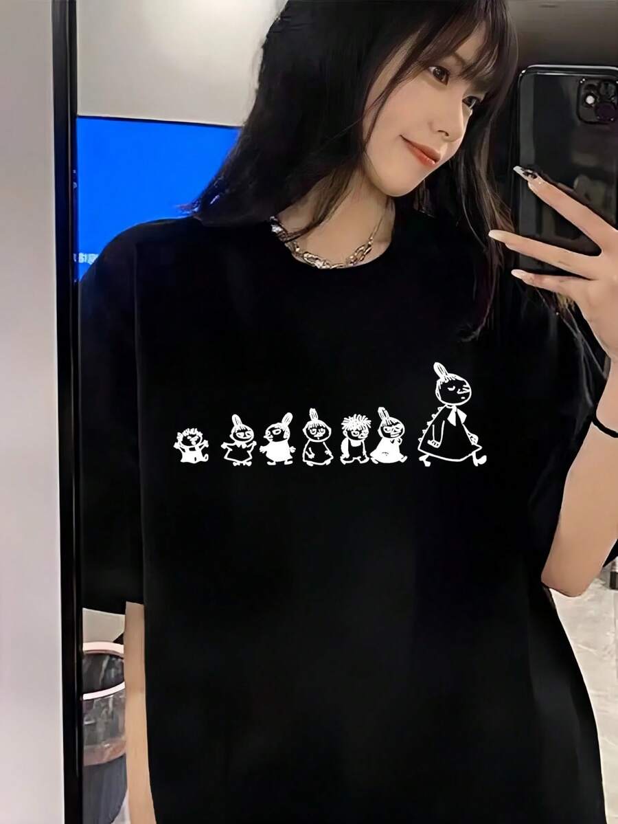 200g Pure Cotton T-Shirt 2025 Summer Ladies New Short Sleeve Pure Cotton Holiday Pattern Short Sleeve Round Neck Couple Wear Small Shirt Tops - màu đen - Xem 1