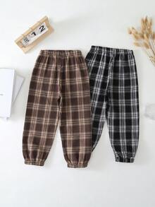 2件套男童休闲经典复古格子图案宽松舒适卡其棕色黑白格纹运动裤，适合户外运动、校园、社交聚会、度假、春夏秋季穿着。 - 彩色 - 查看 2