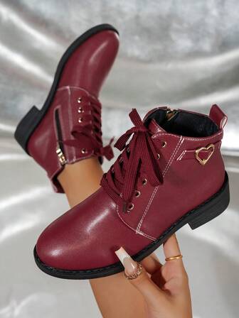 Fall/Winter 2025 Women's New Burgundy Lace-Up Side Zipper Heart Decor Luxurious Fashion Versatile Biker Ankle Boots, Casual Outdoor European & British Style Chunky Heel Vacation Recommended Fairy Chic French Minimalist Ankle & Short Boots
