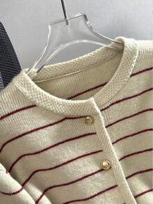 极简黑白条纹温柔开衫 - 紅色 - 查看 5