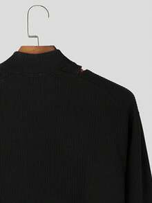 INCERUN Fashion Men Zipper Cut Out Long Sleeve Slim Fit Pullover Rib-Knit Tops Blouse Fall Casual Shirt - Black - View 5