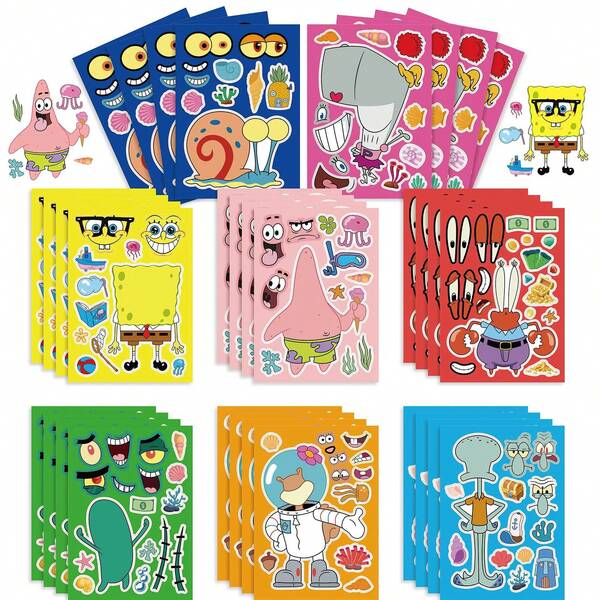 SPONGEBOB 8pcs Spongebob SquarePants Patrick Star Stickers For Kids Make A Face Crafts Sticker For Birthday Party Favor Fillers Gifts