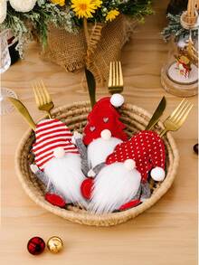3/6pcs Christmas Table Setting Decorations With Gnome & Snowman Faceless Knife And Fork , Red & White Polka Fabric Protective Covers & Spoon Holder - Festive Cutlery Holders For Home & Restaurant Use, Durable Fabric Material, Easy-Clean Holiday Tableware (Knives/Forks Not Included) - Ideal For Christmas Parties & Everyday Dining - Adorable Gnome Characters With White Pom-Poms & Red Scarves, Seasonal Table Decor, Party Planners, Christmas Decor - Multicolor - View 7