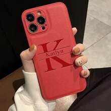 定制手机壳，后盖 INS 奢华韩国皮革防震外壳个性化首字母名称 3D DIY 雕刻金字母烫印技术 - 紅色 - 查看 4