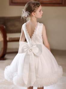 Girls' White Tulle Cake Dress Short Wedding Party Flower Girl Dress - White - View 8