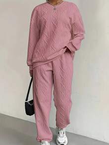 Relaxed Texture Pullover Pants, Long-Sleeved Round-Neck Sportswear And Jogging Pants Combination, Women's Clothing, High-Quality Textured Casual Pullover Set, Releasing A Sense Of Relaxation And Ease - 粉色 - 查看 3