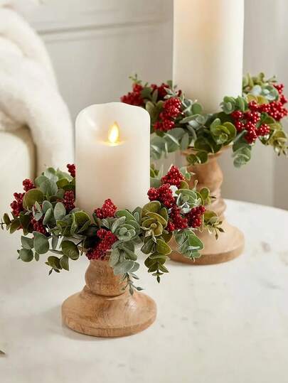 2 件秋季圣诞蜡烛环，圣诞节节日蜡烛环 - 浆果和桉树设计，非电动塑料桌面花环，适用于节日装饰、感恩节、圣诞节装饰、餐桌中心装饰、家居装饰、圣诞装饰、房间装饰
