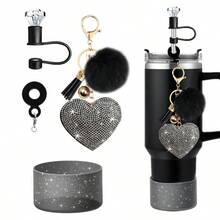 4 Stücke Zubehör-Set für Becher, Diamant-Strohhalm-Abdeckkappe, Glitzer-Silikonhülle für Becher, Silikonanhänger für Strohhalme, Diamant-Herz-Anhänger mit Bommel-Schlüsselanhänger, für Outdoor-Aktivitäten, Valentinstag