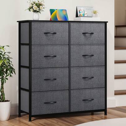 BALCONERA Gray Black 8-Drawer Fabric Chest Of Drawers – Sturdy Steel Frame, Wooden Top & Easy-Pull Fabric Bins, Organizer Unit For Bedroom, Living Room, Hallway, Closets & Nursery