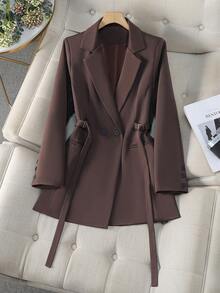 Brown Lace-Up Double-Breasted Women's Suit Jacket, Mid-Length Slim Fit Commuter Coat, Crisp Drapey Fabric, Elegant Casual Outerwear For Women Aged 25-45