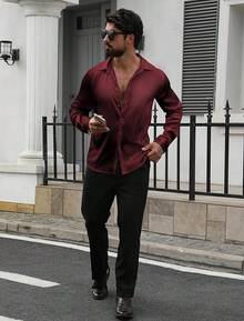 Mens Silk Satin Shirts Long Sleeve Button Down Loose Fit Dress Shirt Luxury Party Prom Wedding Shirtshalloween - 酒紅色 - 查看 5