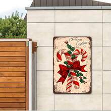 2D Flat, 1pc 12x8 Inch Vintage Christmas Metal Wall Art Sign, Candy Cane & Holly Berry Decor With Red Ribbon Bow, Rustic Iron Holiday Plaque, Suitable For Home Garden, Random Hole Style - Multicolor - View 4