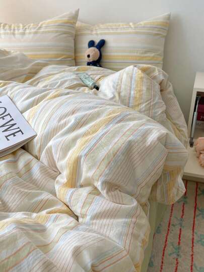 3 piezas Juego de Edredón a Rayas Vintage 100% Poliéster, 2 Fundas de Almohada + 1 Edredón (Sin Sábana)