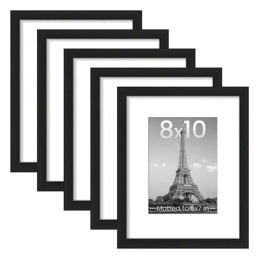 Modern Black Picture Frame Set Of 5 – Lightweight Gallery Wall Frames With Mat For Photos 8x10, 11x14, 12x16, 16x20, 18x24 – Decorative Plastic Frames For Home & Office - 黑色 - 查看 1