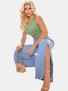 New Fashion Women's Premium Wide Leg Jeans With Ripped Details - Đá lửa - Xem 4