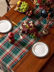 1pc Red & Green Plaid Printed Christmas Table Runner, Christmas Party Decor Table Runner, Suitable For Winter Christmas Party Gathering Home Table Decoration - Green - View 3