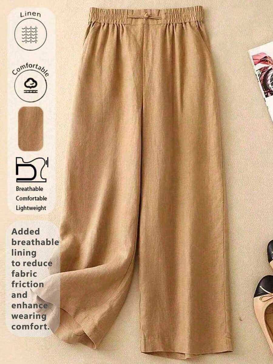 Quần dài vải lanh lưng thun co giãn, đơn giản, thoải mái, thoáng khí dành cho nữ, được thiết kế cho mùa xuân, hè và thu. Quần có nút trang trí khâu tay. - Màu Khaki - Xem 1