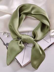 1条女士纯色方巾，时尚素色真丝方巾，多功能头巾，可作腰带、包带、披肩等。 - 橄欖綠 - 查看 1