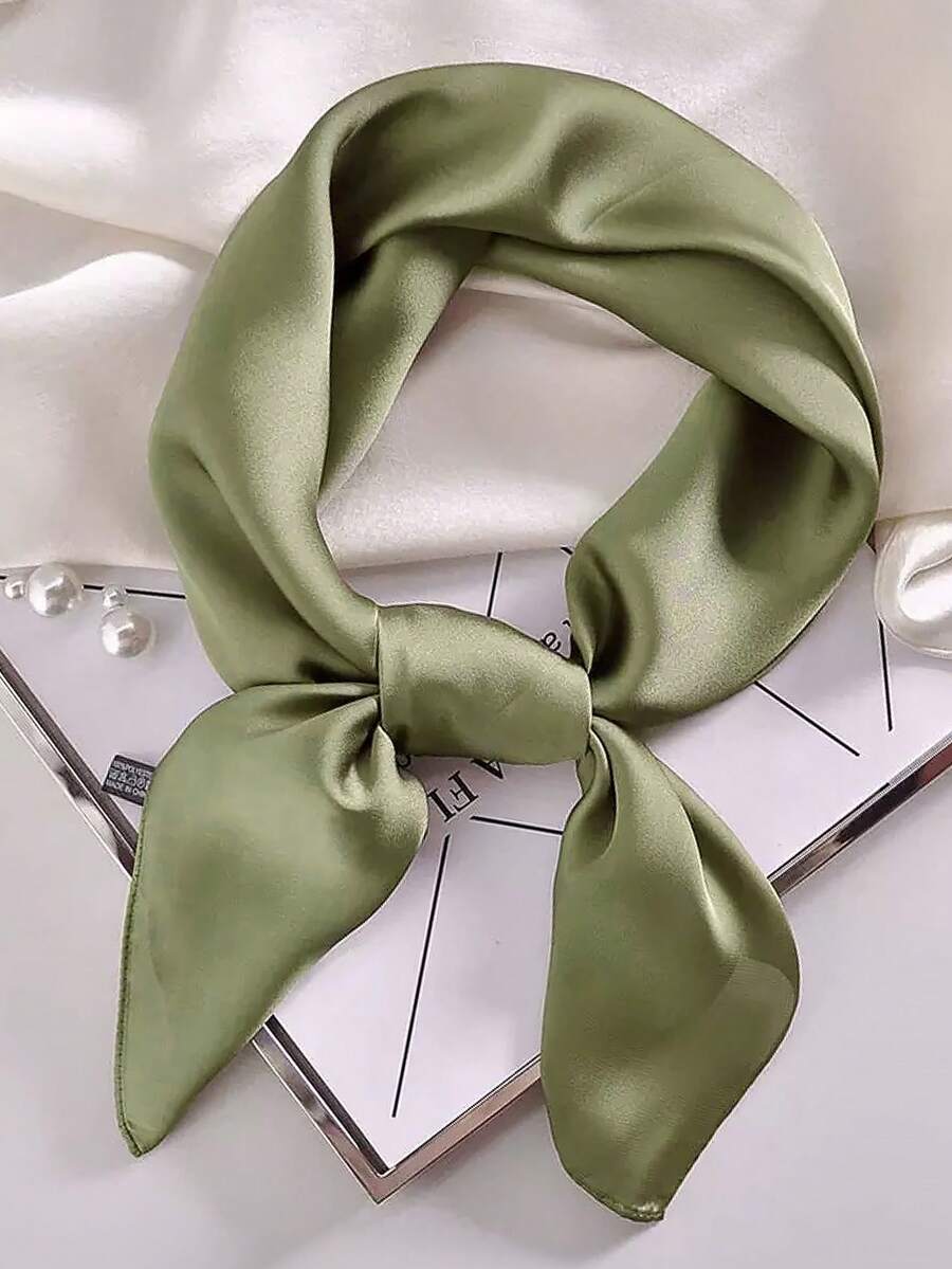 1条女士纯色方巾，时尚素色真丝方巾，多功能头巾，可作腰带、包带、披肩等。 - 橄欖綠 - 查看 1