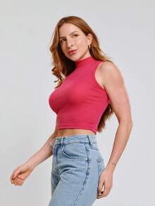 Kit With 3 Cropped High Neck Ribbed Women's Blogger Blouses - đen/hồng/trắng - Xem 2