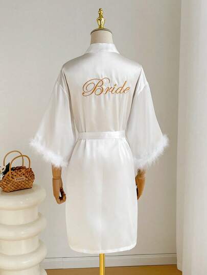 Belted Bathrobe With Alphabet Embroidery For Women, Luxury And Comfortable And Elegant Details For Autumn,Wedding Bathrobe, White Wedding Dress With Gold Embroidery, Nightwear,For Daily Wear, Comfortable And Elegant Details, For Autumn And Winter,Birthday Decarations,New Year Gifts,Valentine's Day Gifts