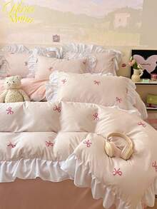 2/3 pièces Set Housse de couette et taie d'oreiller à volants en fibre imperméable avec imprimé papillon (Hors rembourrage), Parure de lit moderne bicolore convenant pour chambre à coucher, dortoirs d'étudiants, lits simples et doubles, toutes saisons, décoration d'automne, décoration de chambre - Rose bonbon - Voir 8